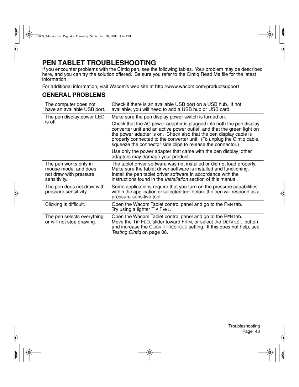 Pen tablet troubleshooting, General problems | Wacom Cintiq DTZ-1200W User Manual | Page 45 / 68