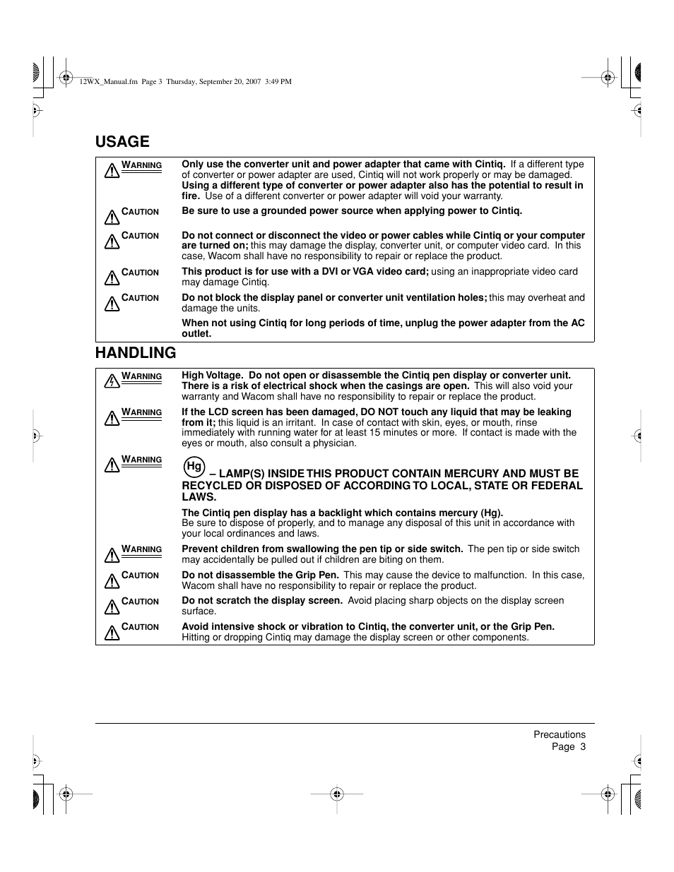 Usage handling | Wacom Cintiq DTZ-1200W User Manual | Page 5 / 68