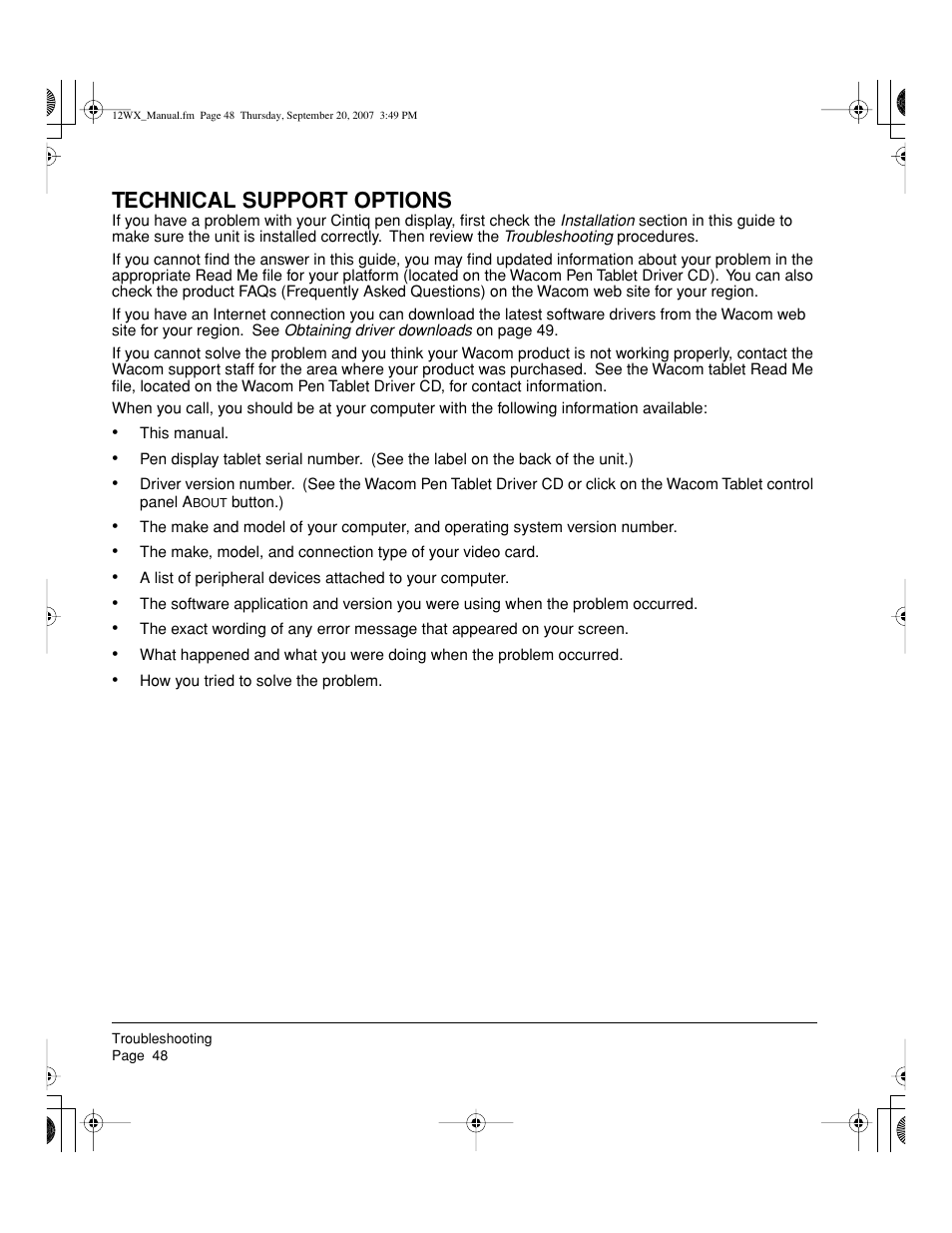 Technical support options | Wacom Cintiq DTZ-1200W User Manual | Page 50 / 68