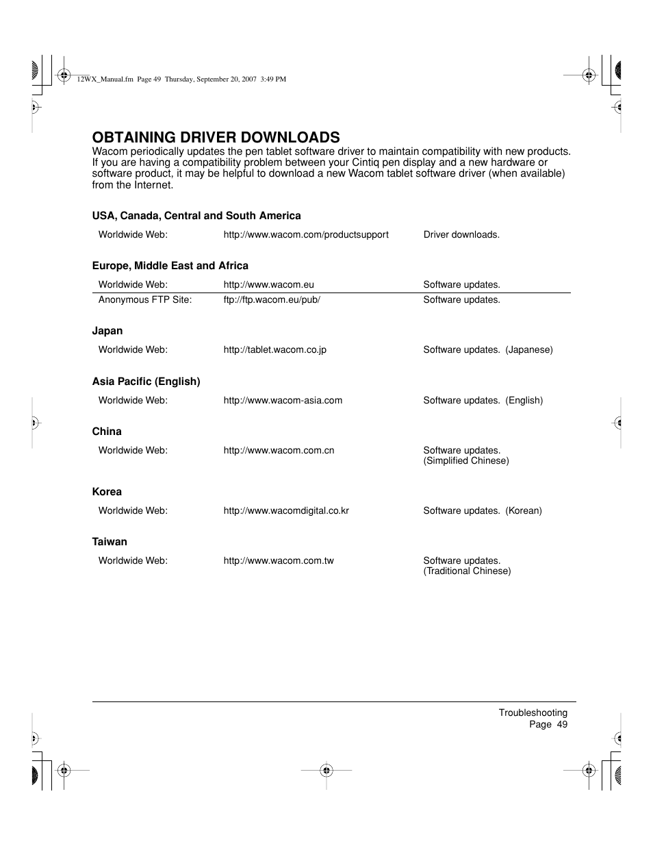 Obtaining driver downloads | Wacom Cintiq DTZ-1200W User Manual | Page 51 / 68