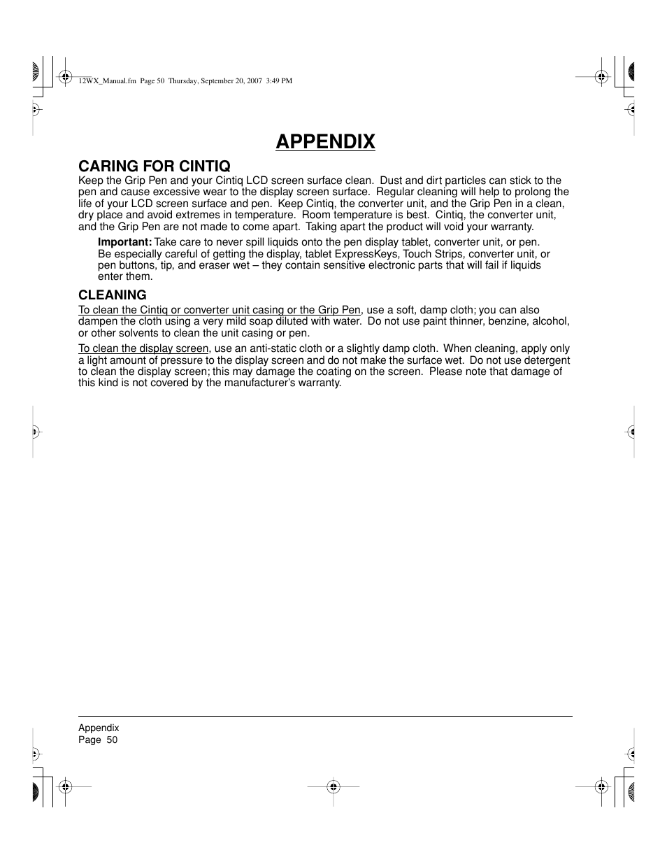 Appendix, Caring for cintiq | Wacom Cintiq DTZ-1200W User Manual | Page 52 / 68