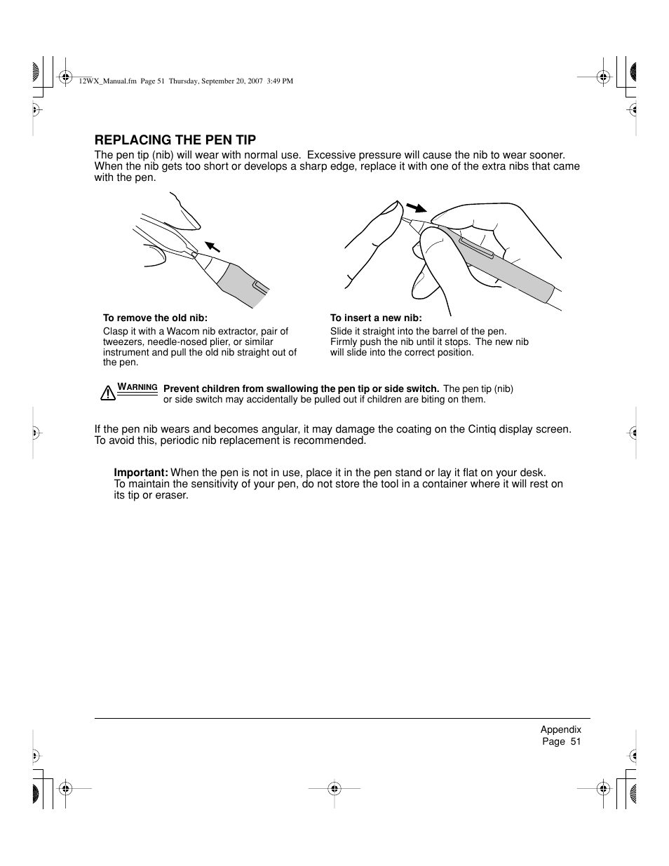 Replacing the pen tip | Wacom Cintiq DTZ-1200W User Manual | Page 53 / 68