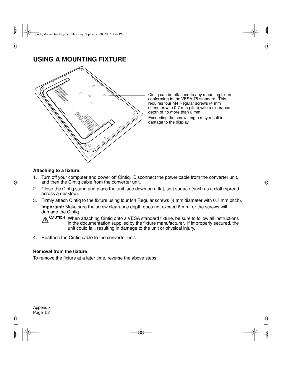 Using a mounting fixture | Wacom Cintiq DTZ-1200W User Manual | Page 54 / 68