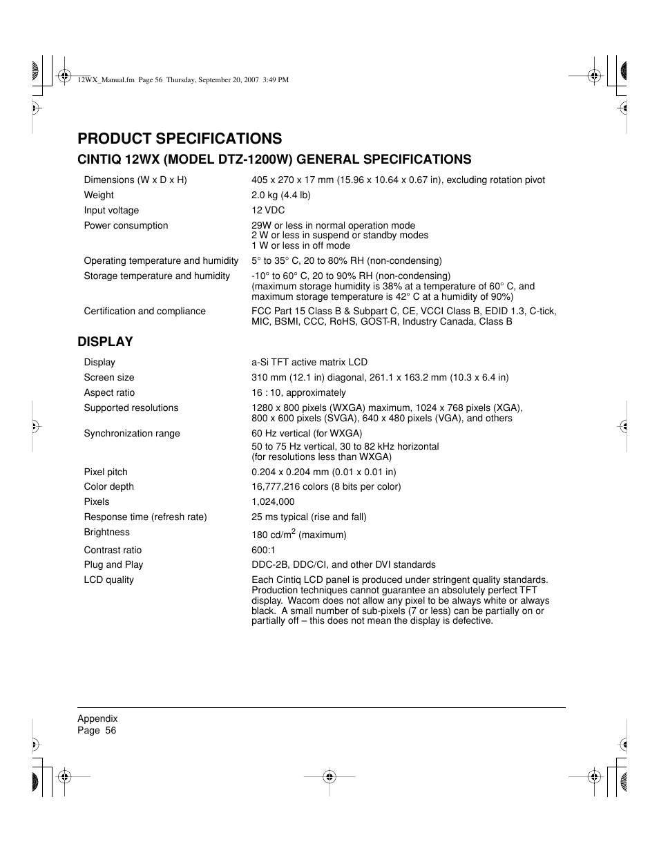 Product specifications | Wacom Cintiq DTZ-1200W User Manual | Page 58 / 68