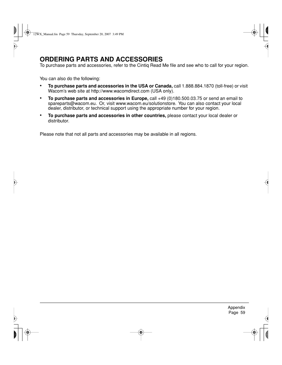 Ordering parts and accessories | Wacom Cintiq DTZ-1200W User Manual | Page 61 / 68