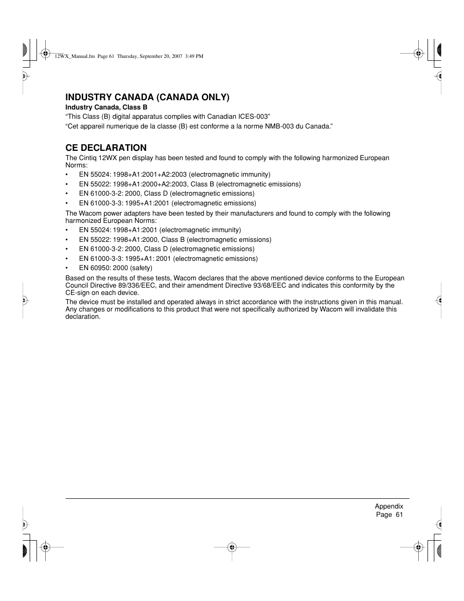 Industry canada (canada only), Ce declaration | Wacom Cintiq DTZ-1200W User Manual | Page 63 / 68