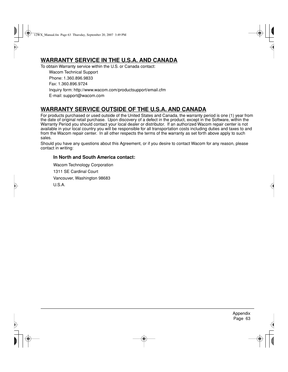 Warranty service in the u.s.a. and canada, Warranty service outside of the u.s.a. and canada | Wacom Cintiq DTZ-1200W User Manual | Page 65 / 68
