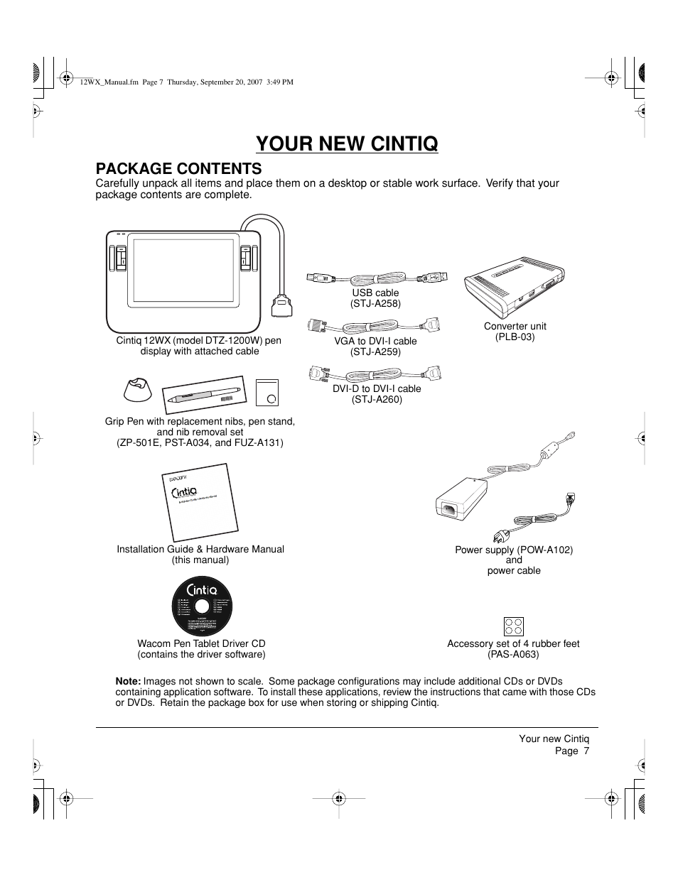 Your new cintiq, Package contents | Wacom Cintiq DTZ-1200W User Manual | Page 9 / 68