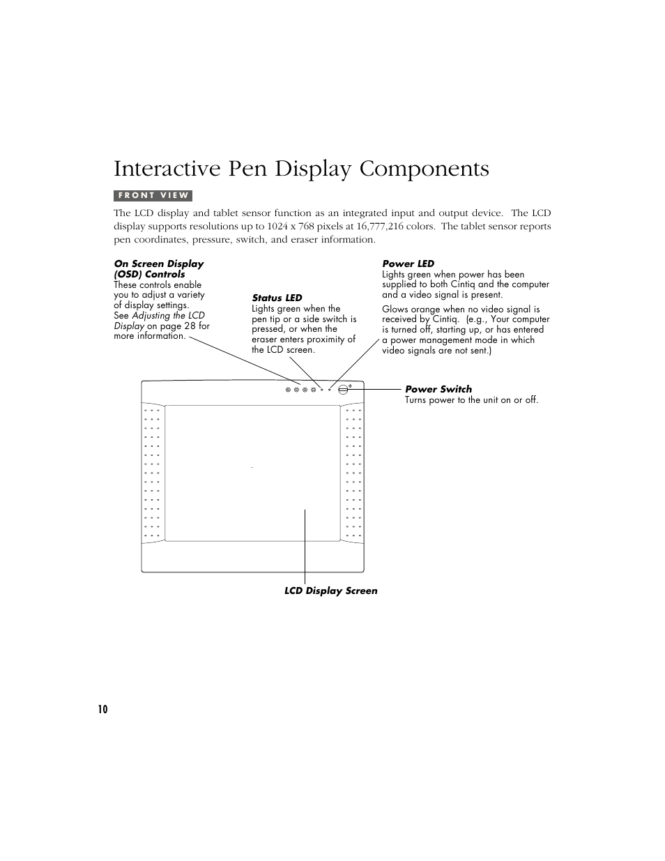 Interactive pen display components, Front view | Wacom CINTIQ 15X User Manual | Page 12 / 49
