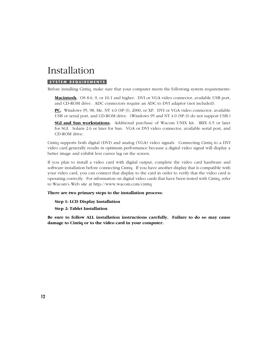 Installation, System requirements | Wacom CINTIQ 15X User Manual | Page 14 / 49