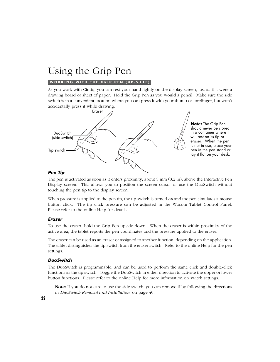 Using the grip pen, Working with the grip pen (up-911e), Pen tip | Eraser, Duoswitch | Wacom CINTIQ 15X User Manual | Page 24 / 49