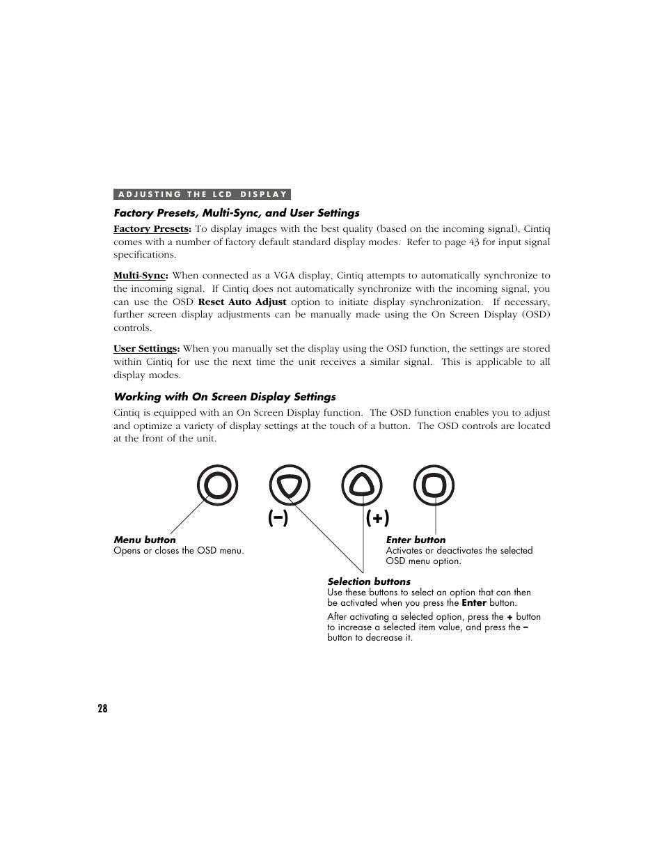 Adjusting the lcd display, Factory presets, multi-sync, and user settings, Working with on screen display settings | Wacom CINTIQ 15X User Manual | Page 30 / 49