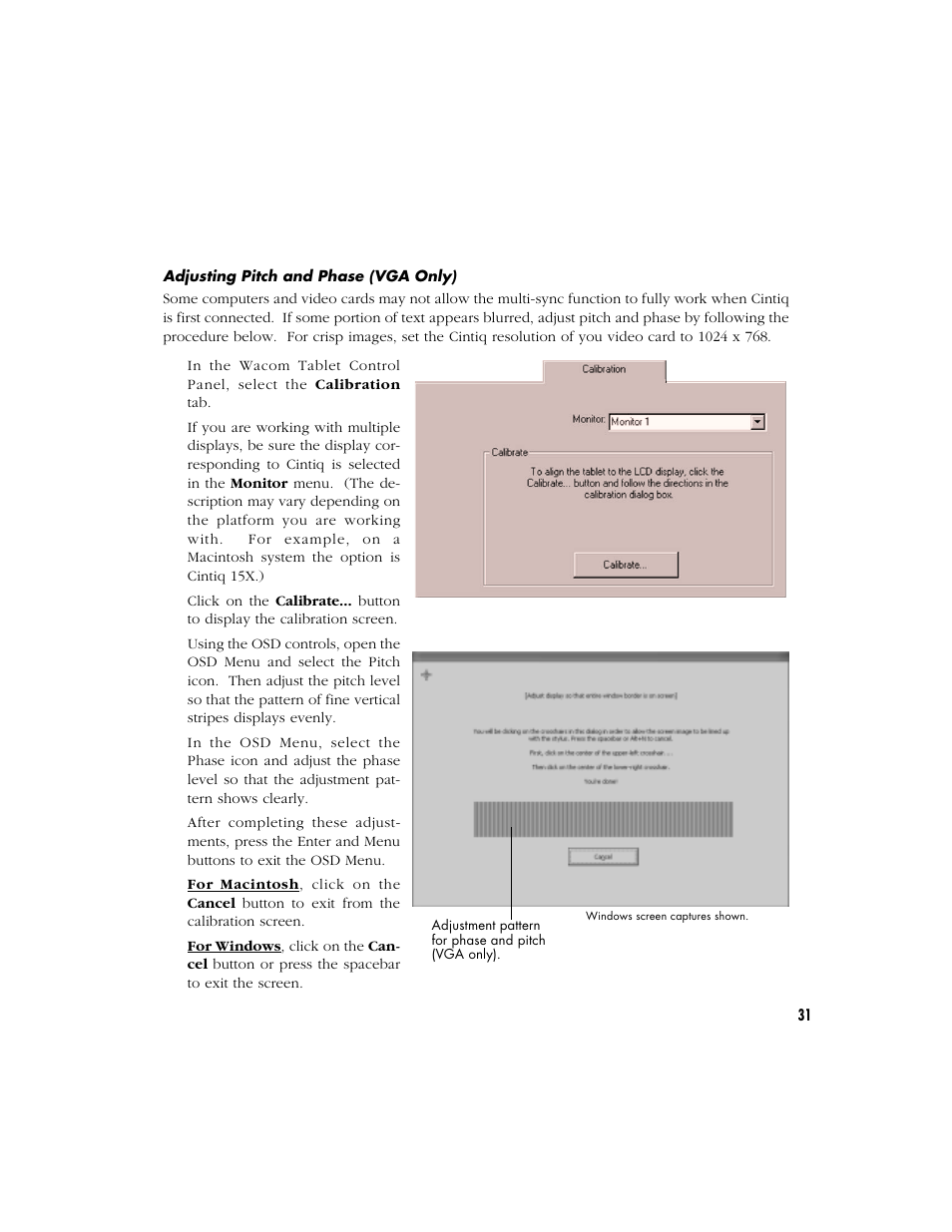 Adjusting pitch and phase (vga only) | Wacom CINTIQ 15X User Manual | Page 33 / 49