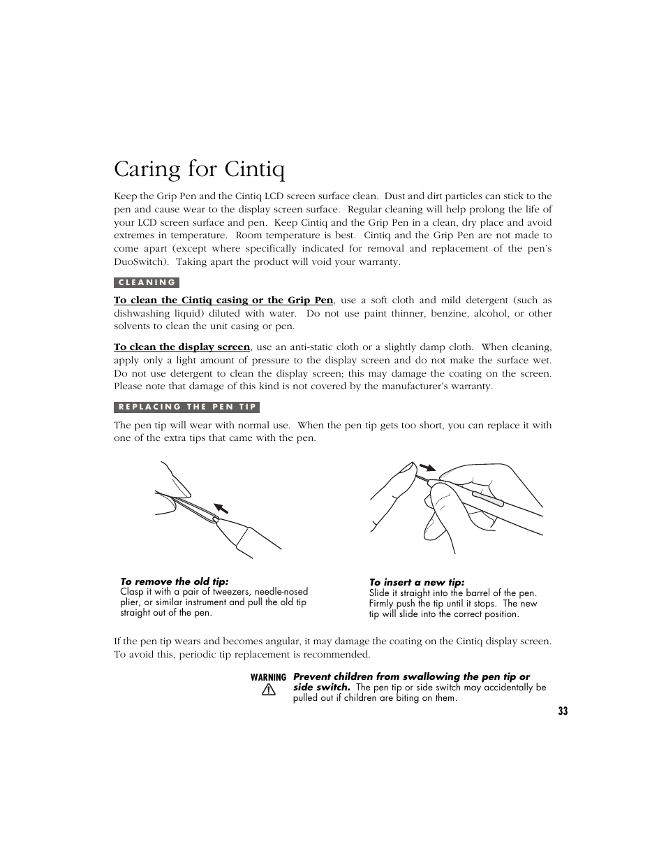 Caring for cintiq, Cleaning, Replacing the pen tip | Wacom CINTIQ 15X User Manual | Page 35 / 49