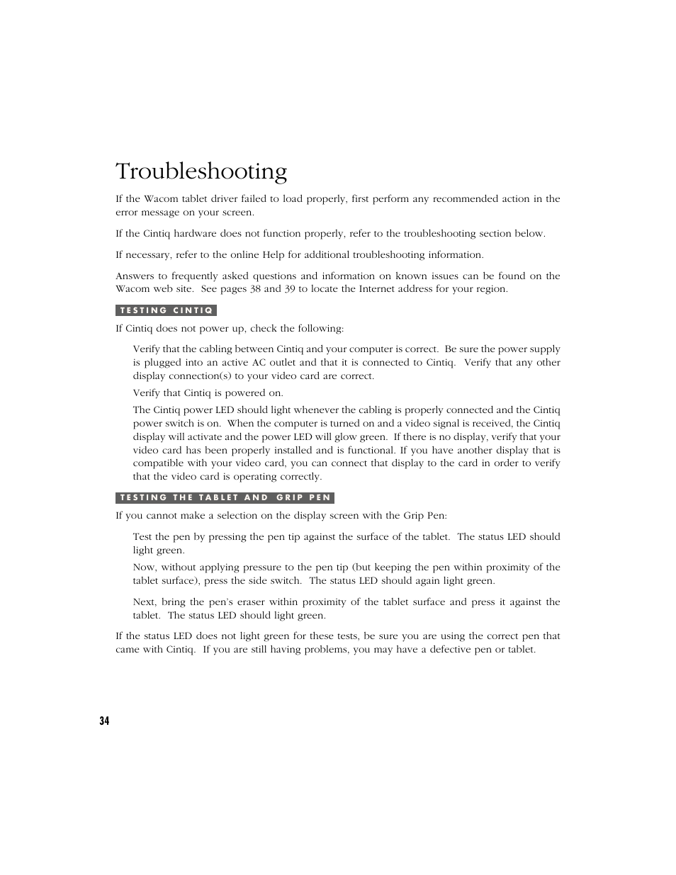 Troubleshooting, Testing cintiq, Testing the tablet and grip pen | Wacom CINTIQ 15X User Manual | Page 36 / 49
