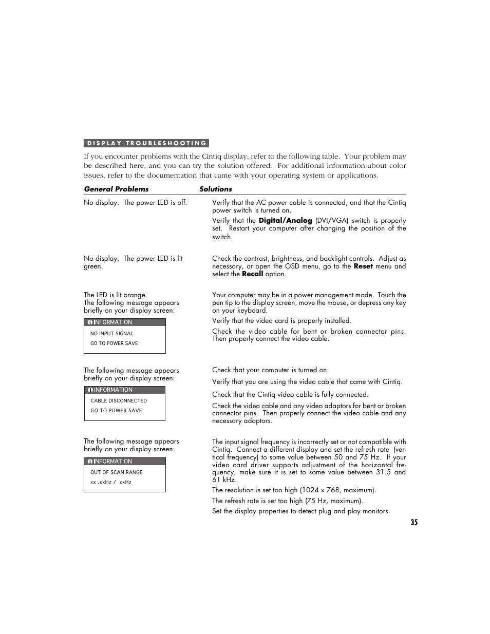 Display troubleshooting | Wacom CINTIQ 15X User Manual | Page 37 / 49