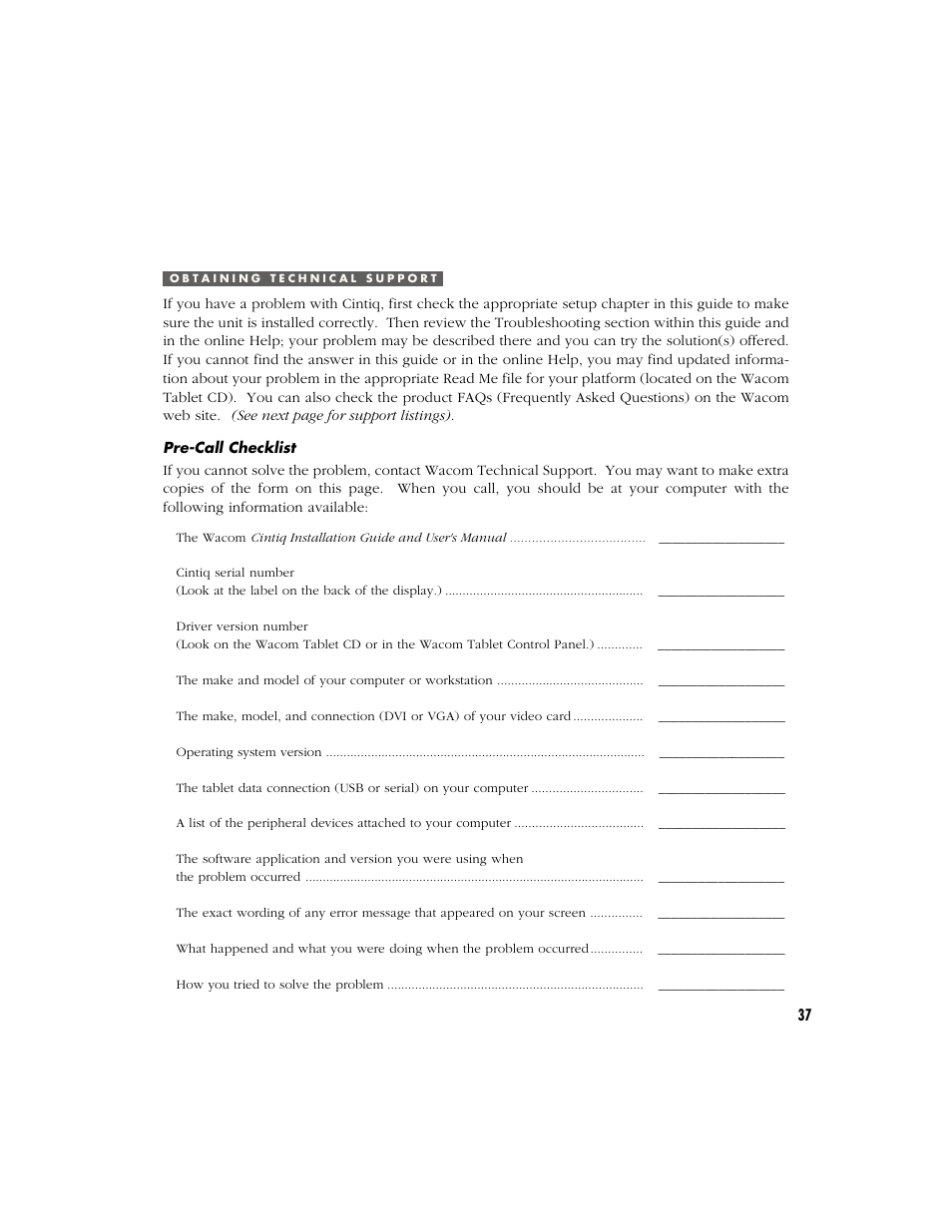 Obtaining technical support, Pre-call checklist | Wacom CINTIQ 15X User Manual | Page 39 / 49