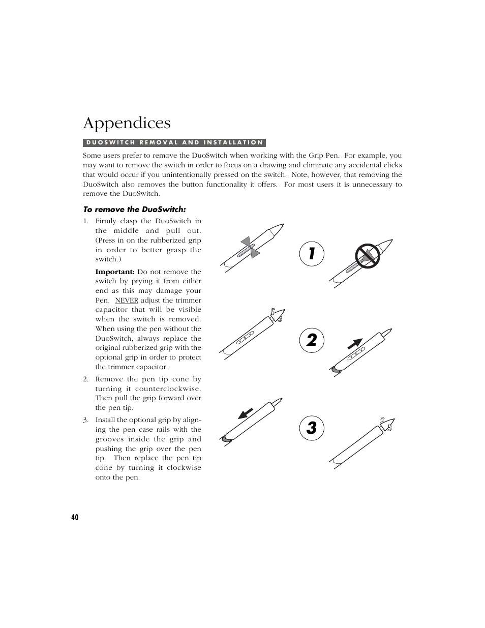 Appendices, Duoswitch removal and installation | Wacom CINTIQ 15X User Manual | Page 42 / 49