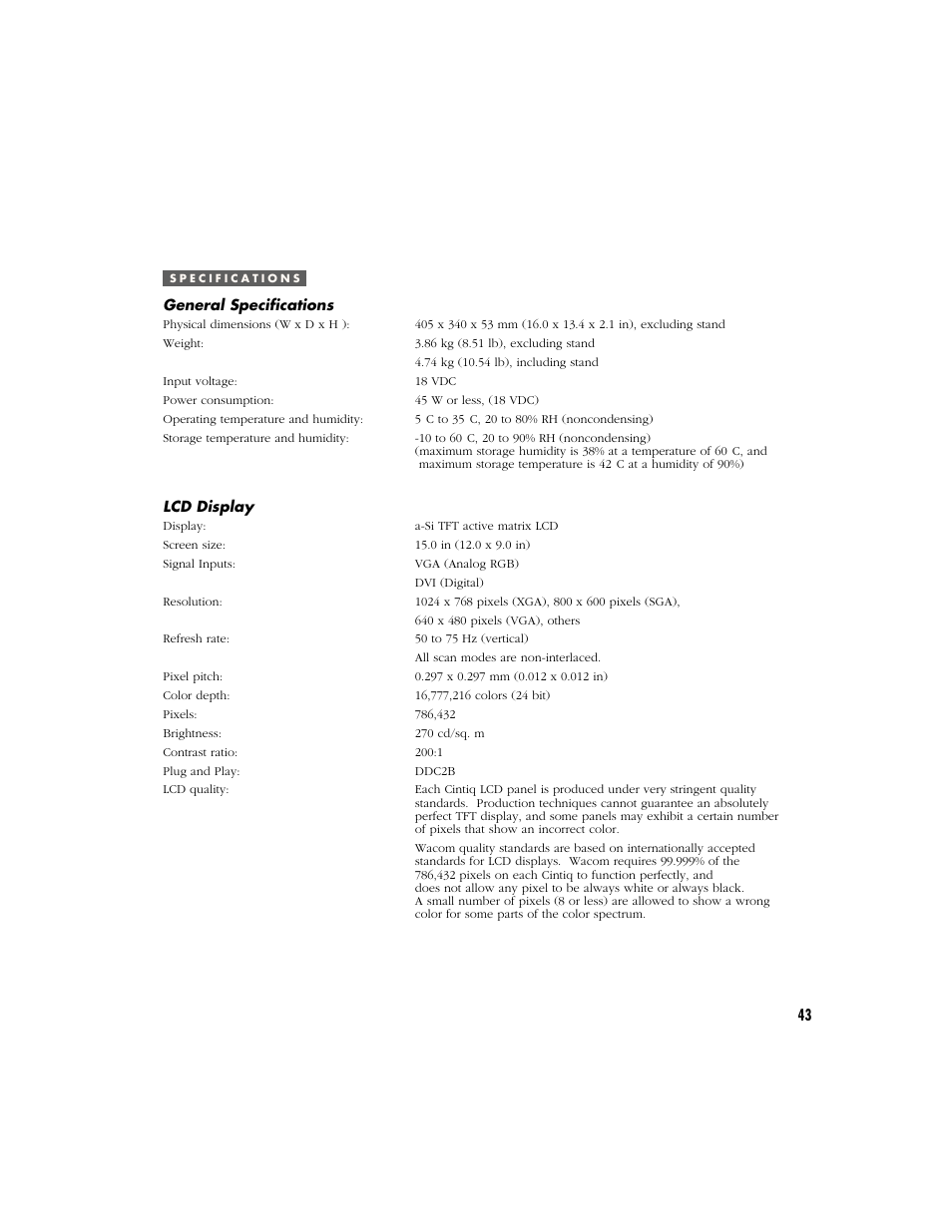 Specifications, General specifications, Lcd display | Wacom CINTIQ 15X User Manual | Page 45 / 49