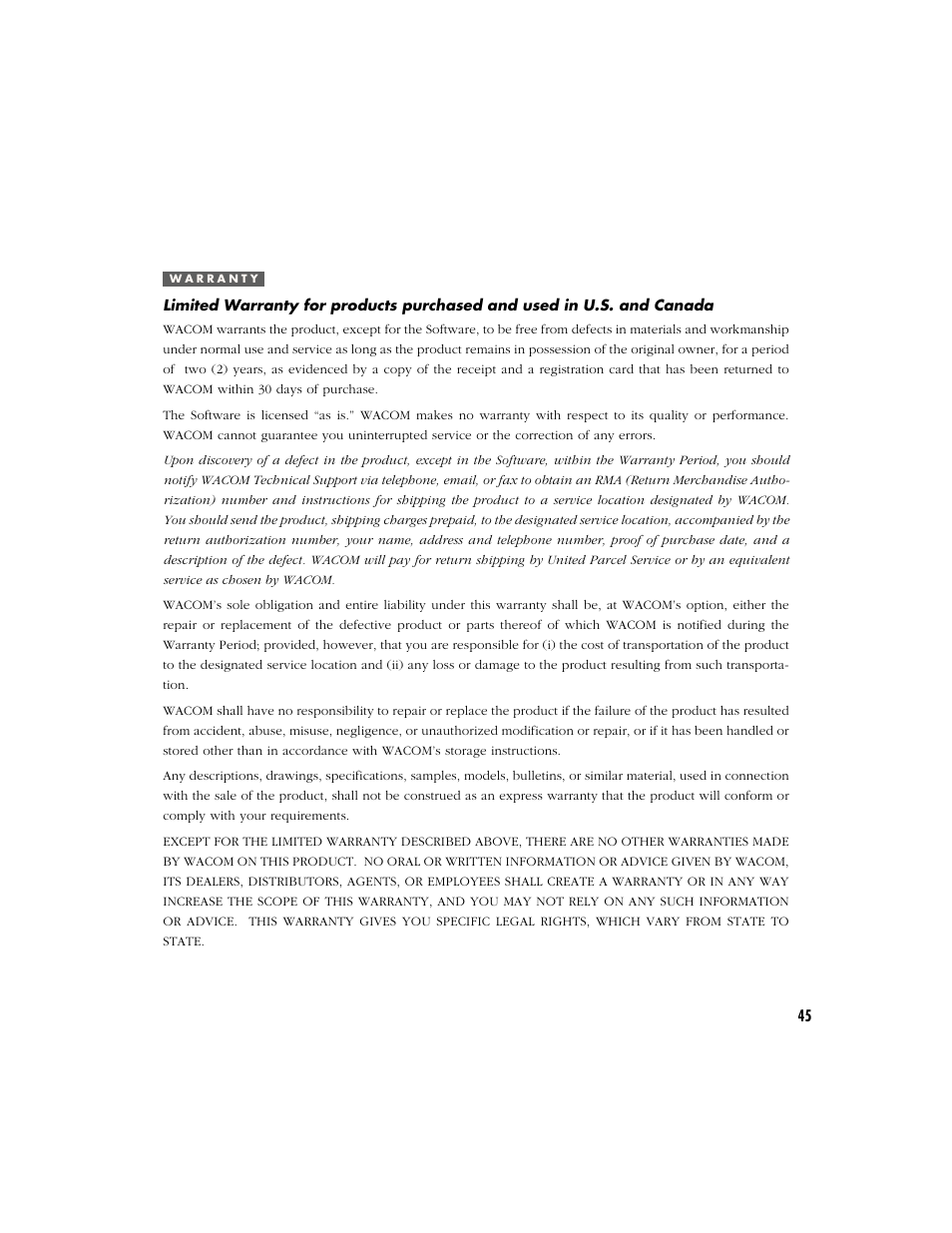 Warranty | Wacom CINTIQ 15X User Manual | Page 47 / 49