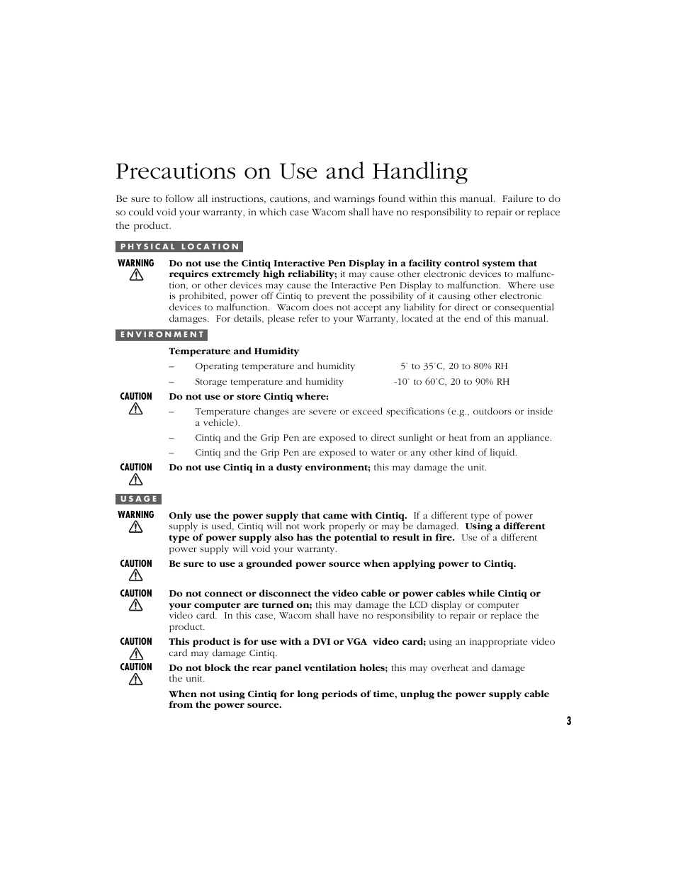 Precautions on use and handling, Physical location, Environment | Usage | Wacom CINTIQ 15X User Manual | Page 5 / 49
