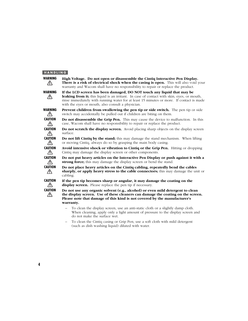 Handling | Wacom CINTIQ 15X User Manual | Page 6 / 49