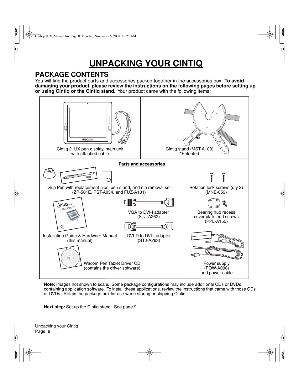 Unpacking your cintiq, Package contents | Wacom DTZ-2100D User Manual | Page 10 / 76
