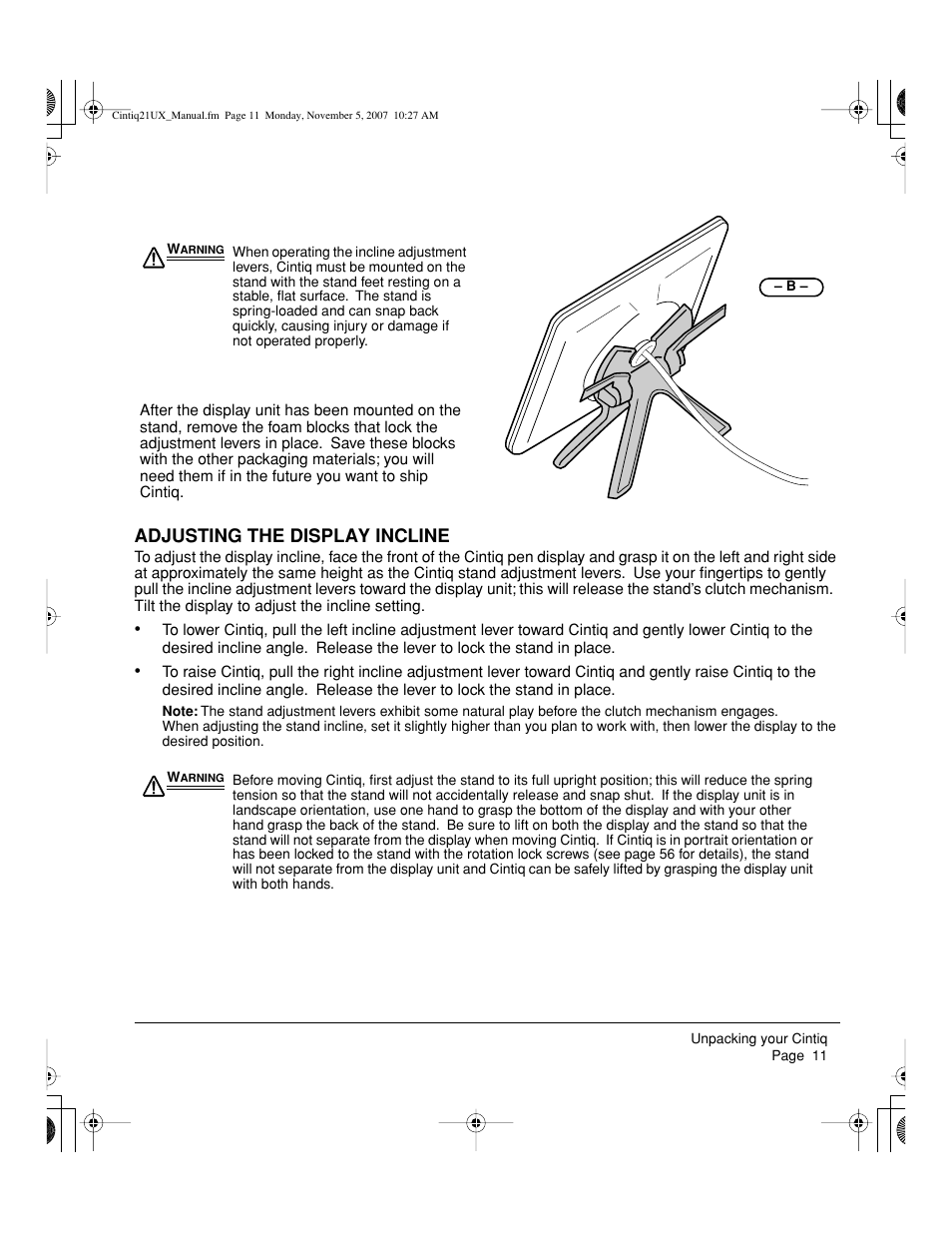 Adjusting the display incline | Wacom DTZ-2100D User Manual | Page 13 / 76