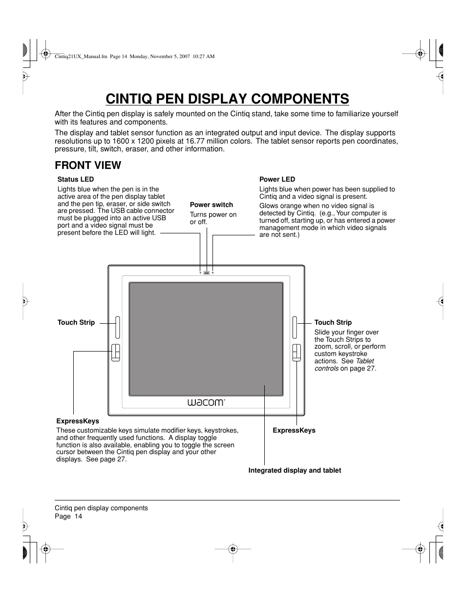 Cintiq pen display components, Front view | Wacom DTZ-2100D User Manual | Page 16 / 76