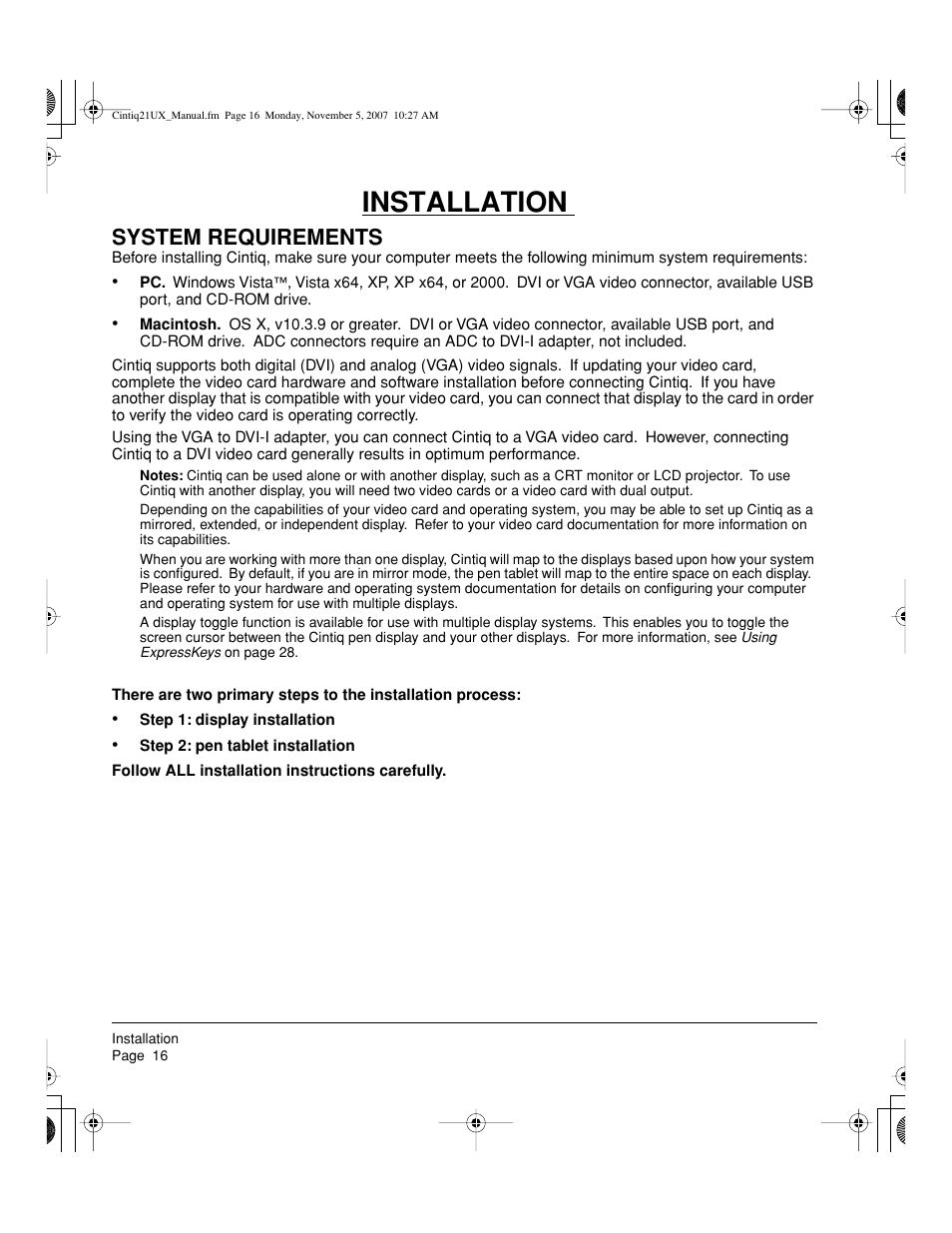 Installation, System requirements | Wacom DTZ-2100D User Manual | Page 18 / 76