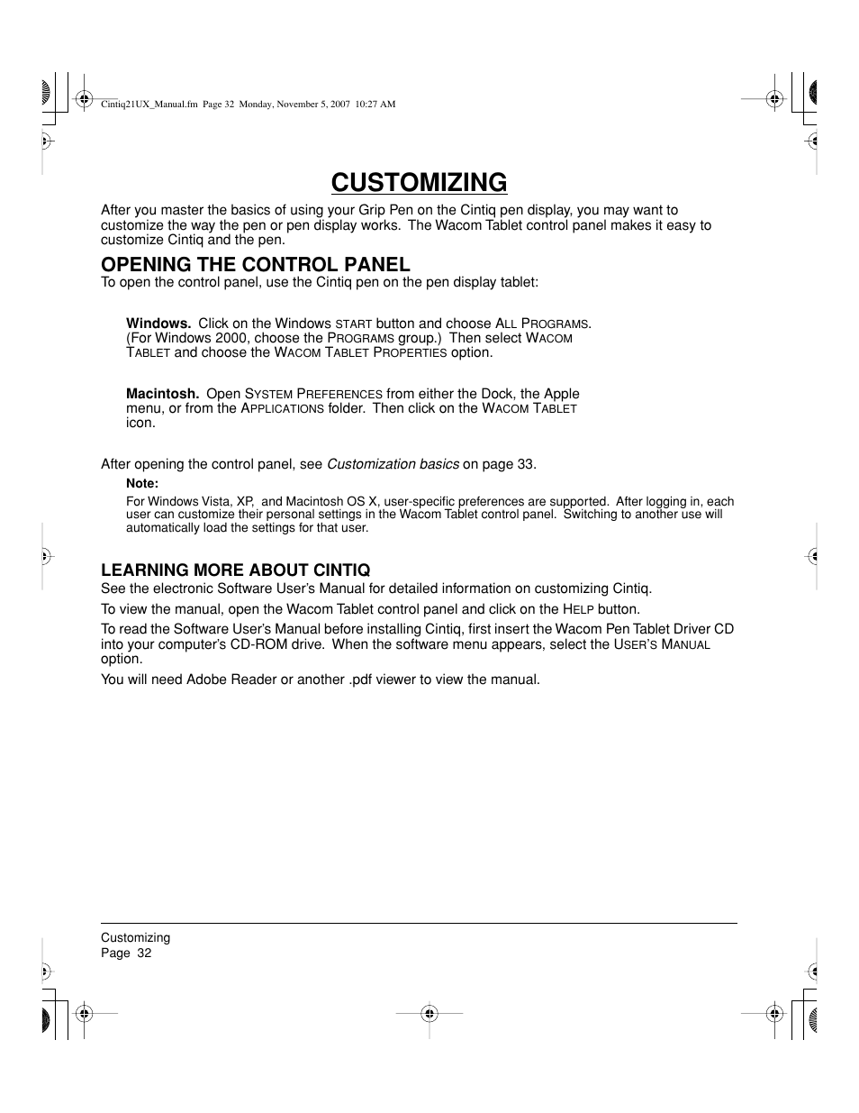 Customizing, Opening the control panel, Learning more about cintiq | Wacom DTZ-2100D User Manual | Page 34 / 76