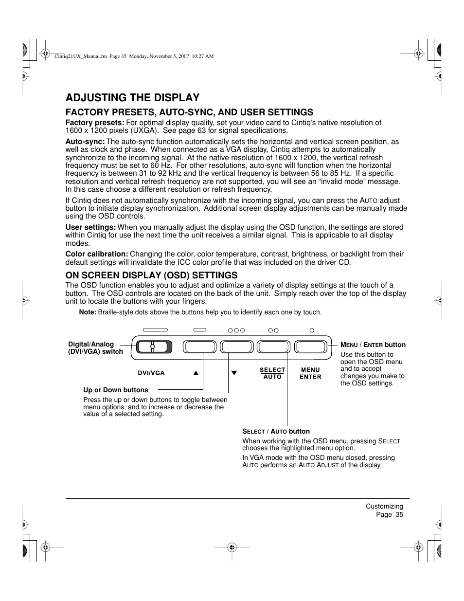 Adjusting the display, Factory presets, auto-sync, and user settings, On screen display (osd) settings | Wacom DTZ-2100D User Manual | Page 37 / 76