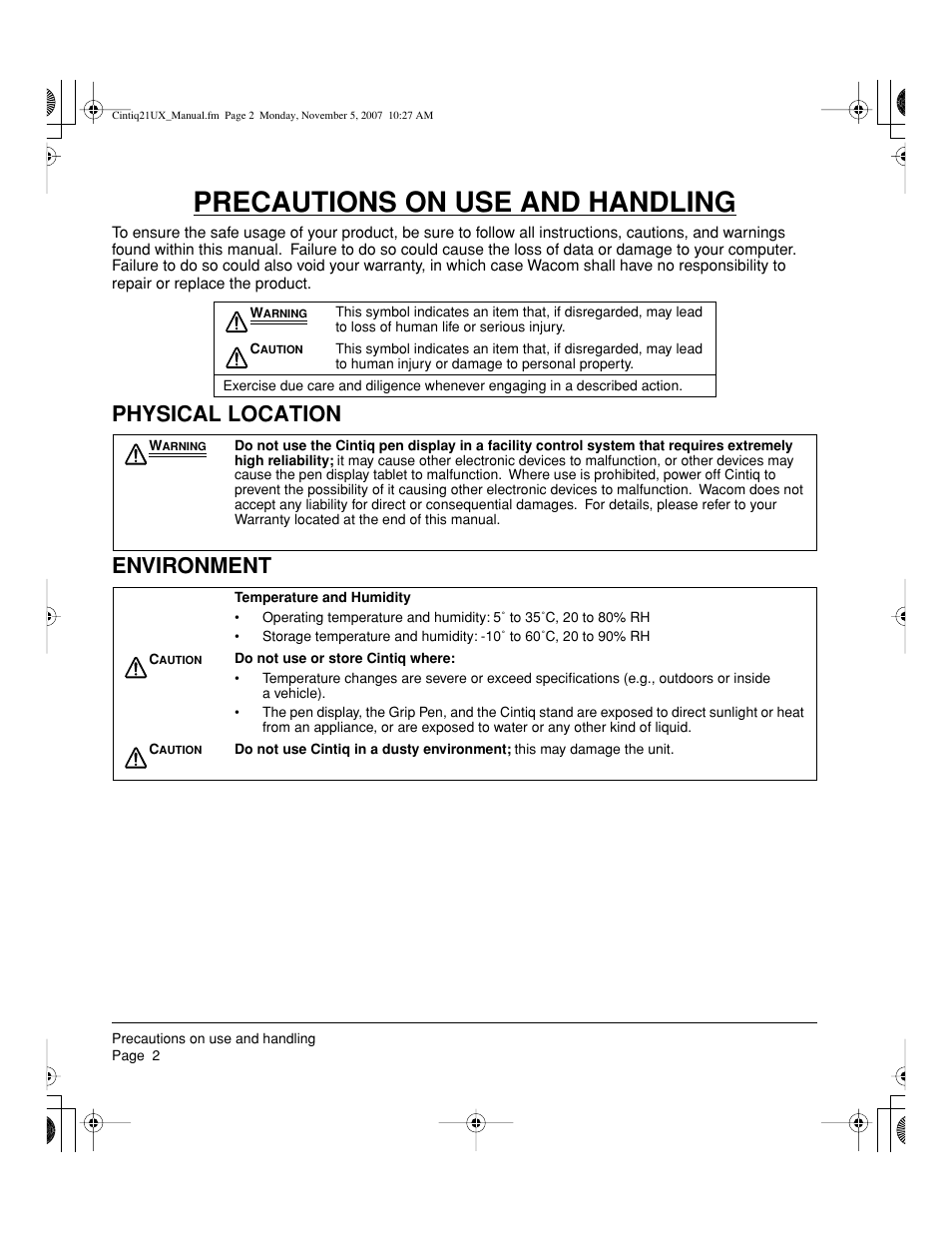 Precautions on use and handling, Physical location environment | Wacom DTZ-2100D User Manual | Page 4 / 76