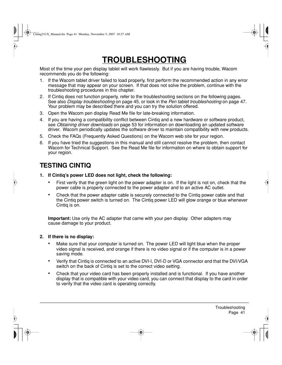 Troubleshooting, Testing cintiq | Wacom DTZ-2100D User Manual | Page 43 / 76