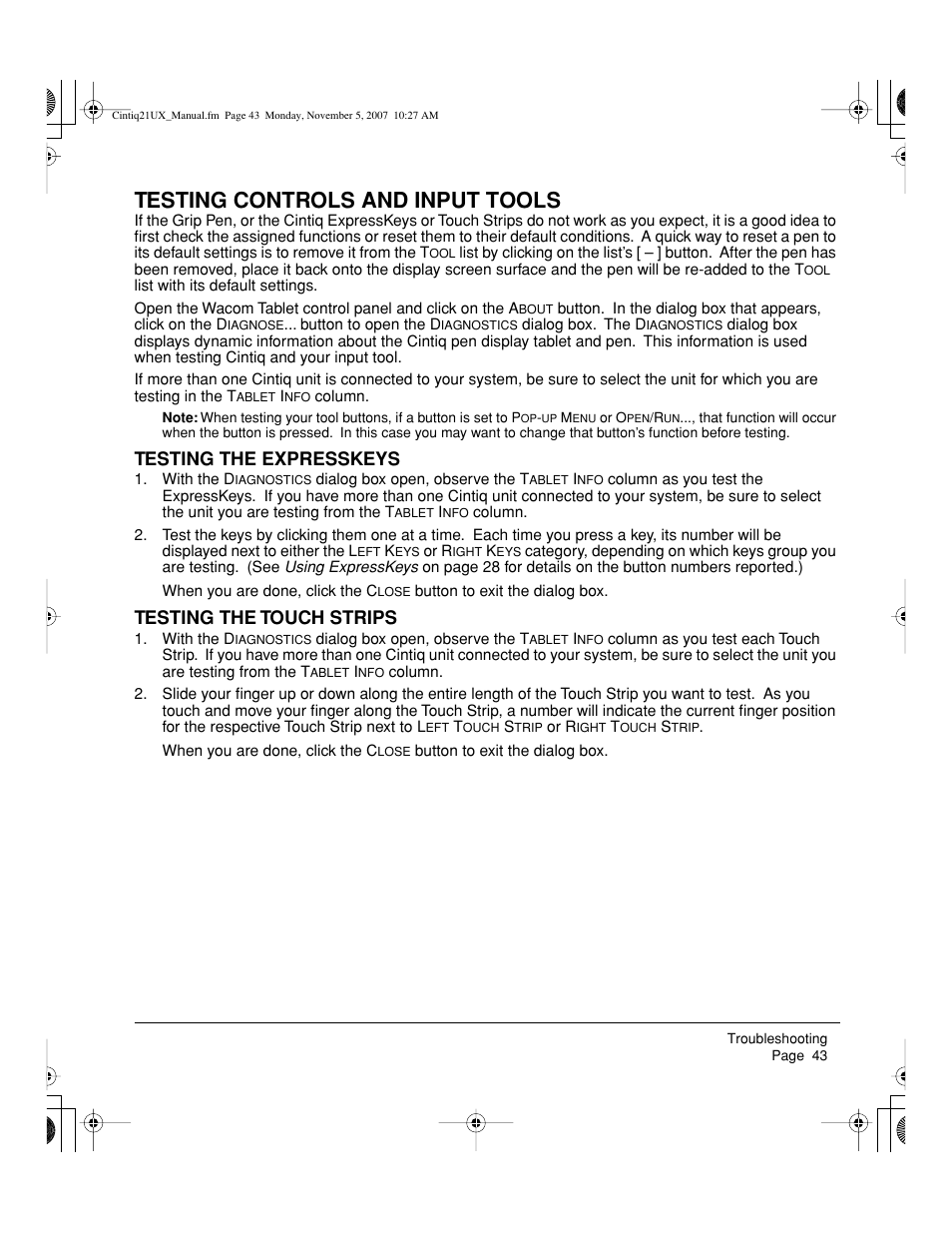 Testing controls and input tools, Testing the expresskeys, Testing the touch strips | Wacom DTZ-2100D User Manual | Page 45 / 76