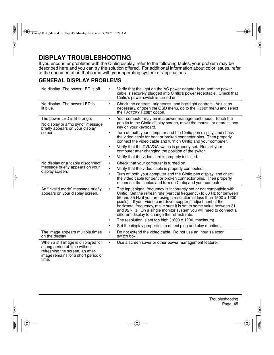 Display troubleshooting, General display problems | Wacom DTZ-2100D User Manual | Page 47 / 76