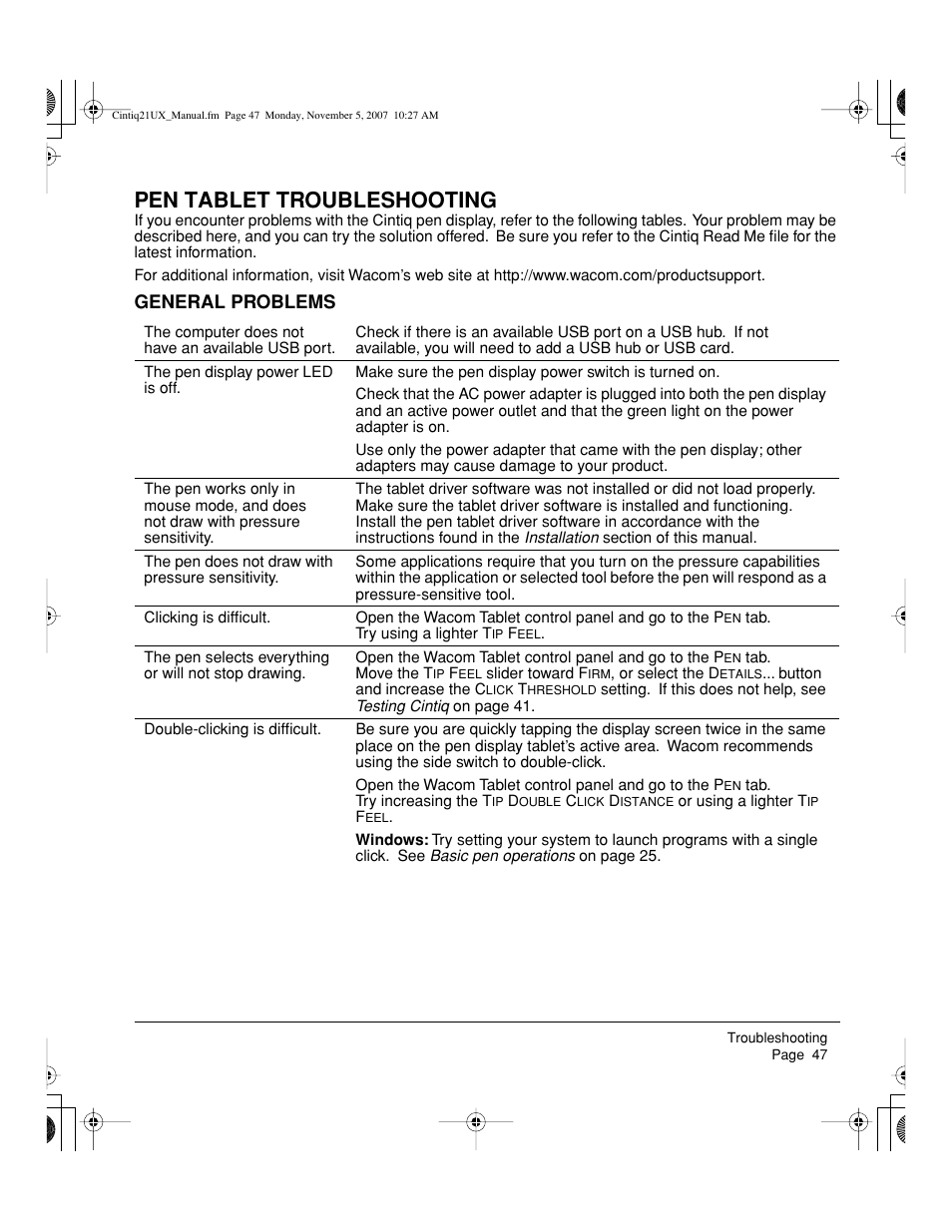 Pen tablet troubleshooting, General problems | Wacom DTZ-2100D User Manual | Page 49 / 76