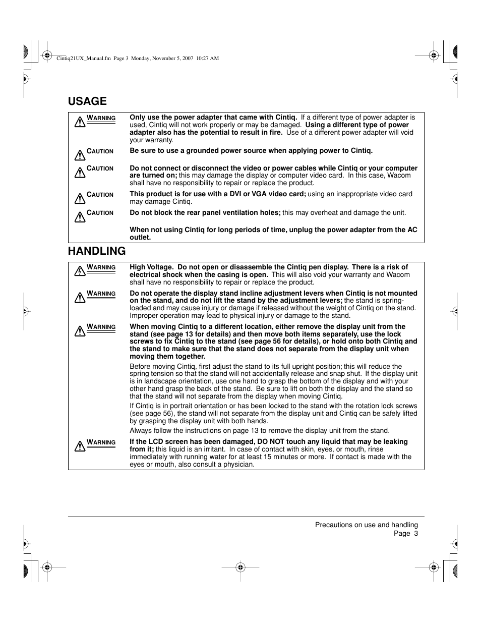 Usage handling | Wacom DTZ-2100D User Manual | Page 5 / 76