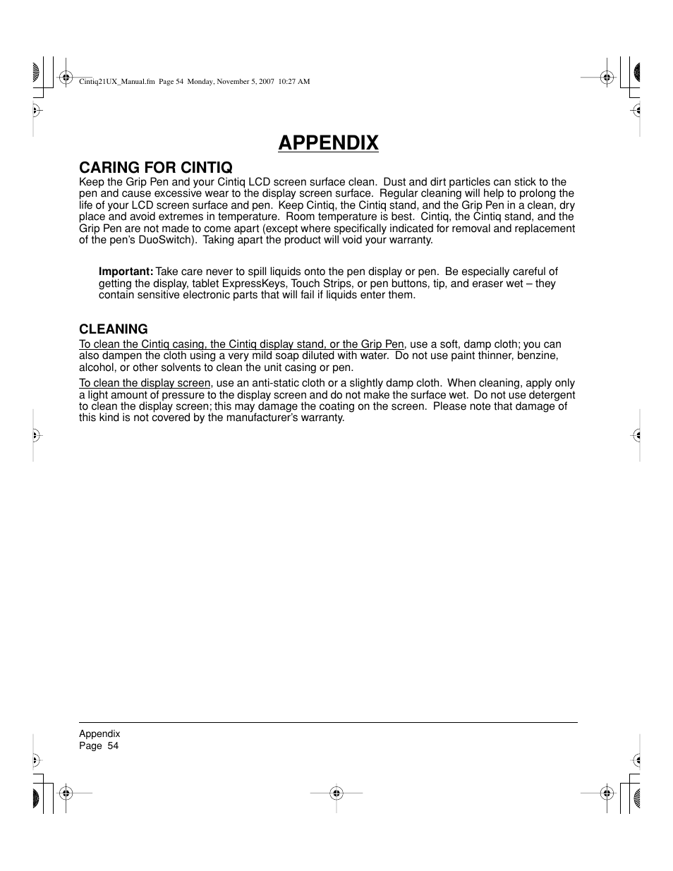 Appendix, Caring for cintiq | Wacom DTZ-2100D User Manual | Page 56 / 76