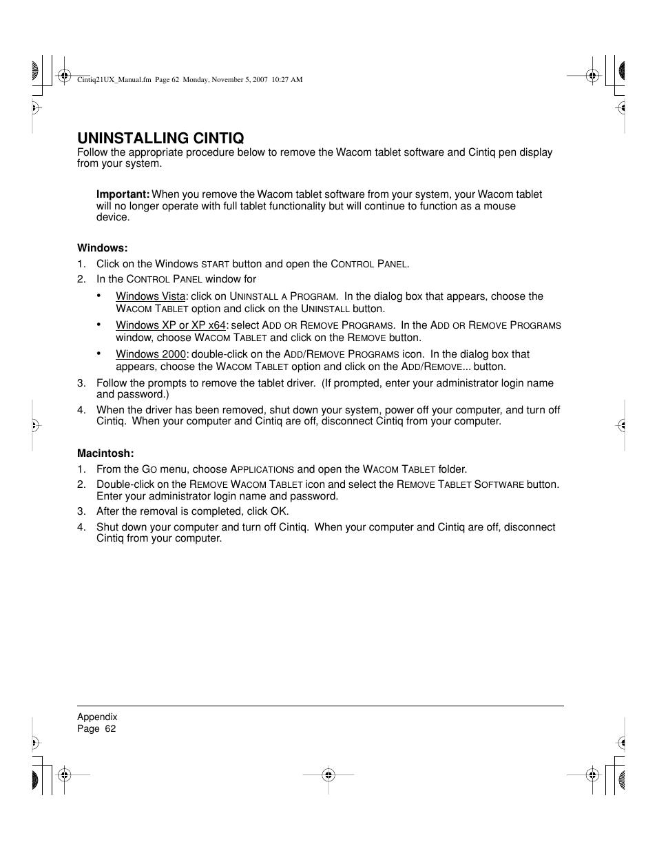 Uninstalling cintiq | Wacom DTZ-2100D User Manual | Page 64 / 76
