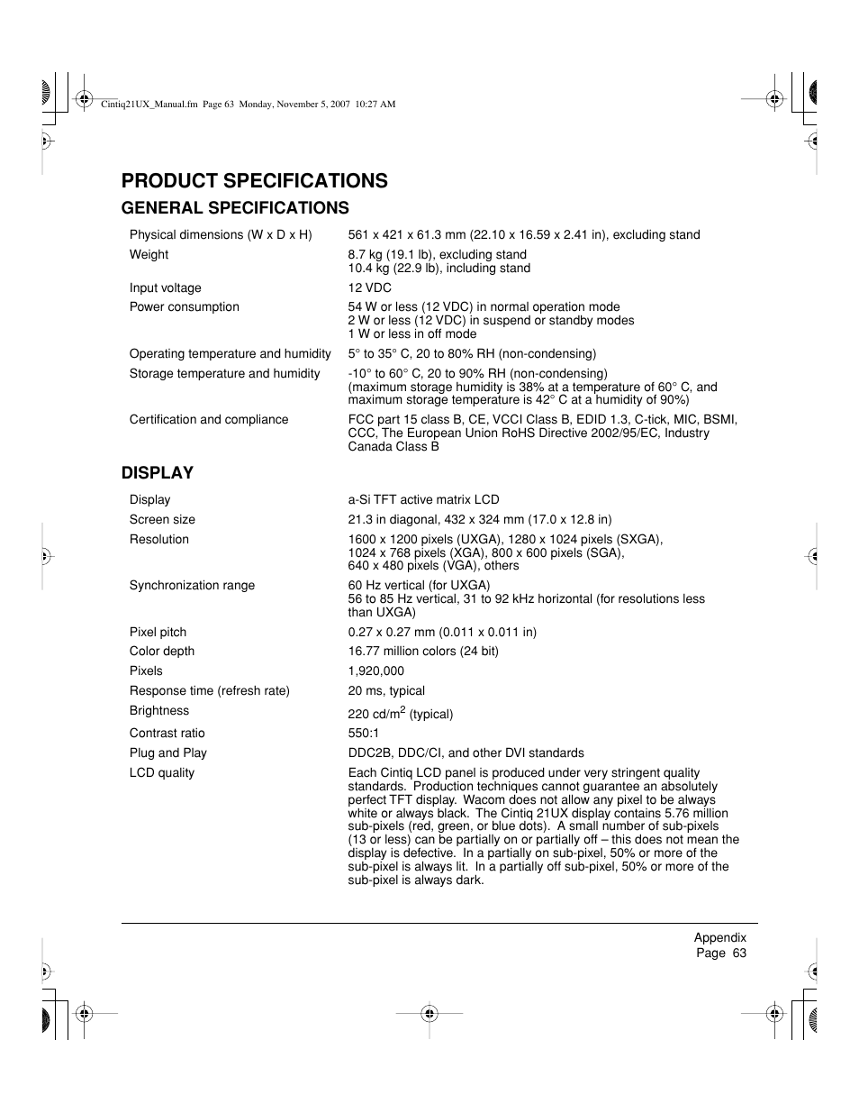 Product specifications, General specifications display | Wacom DTZ-2100D User Manual | Page 65 / 76