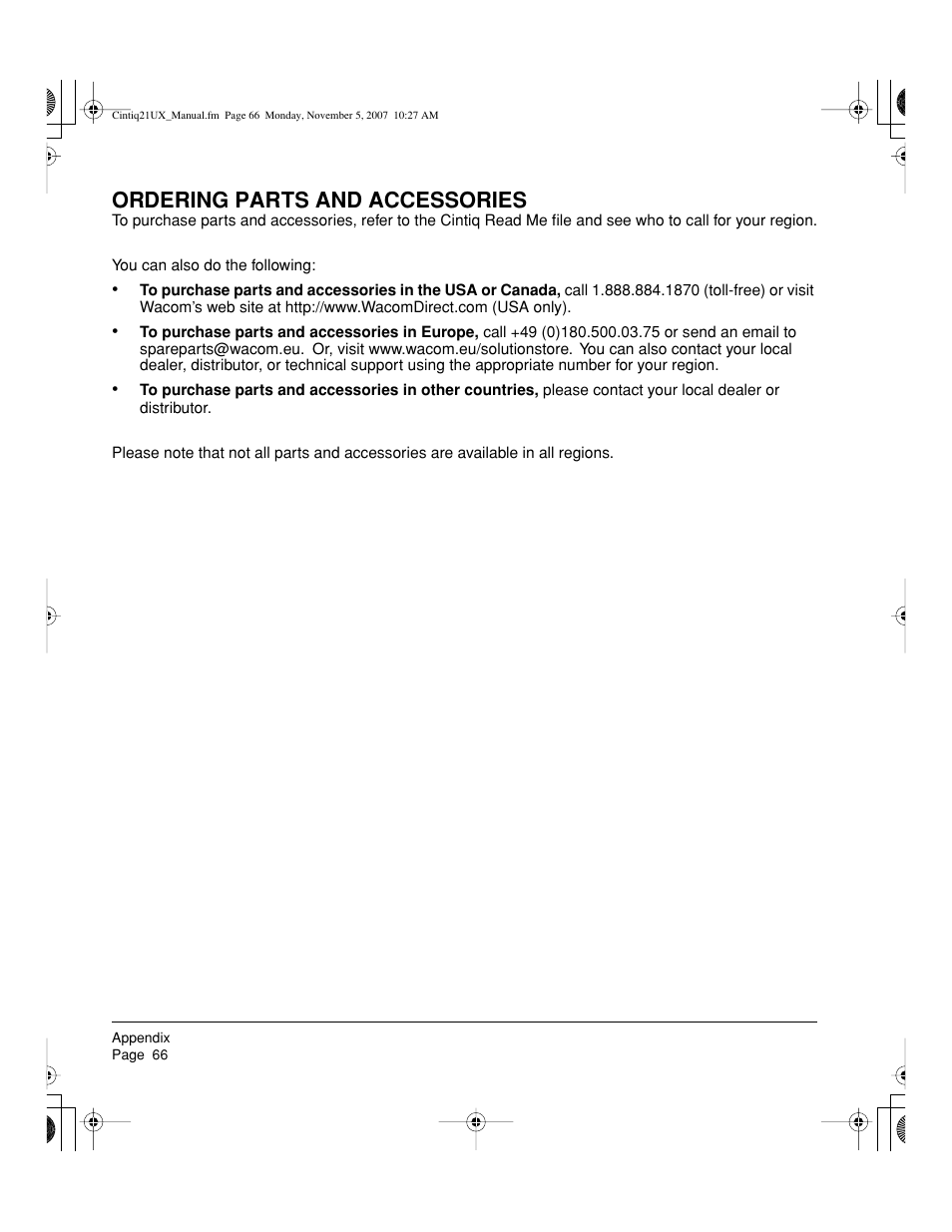Ordering parts and accessories | Wacom DTZ-2100D User Manual | Page 68 / 76