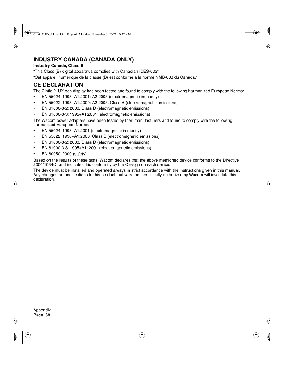 Industry canada (canada only), Ce declaration | Wacom DTZ-2100D User Manual | Page 70 / 76