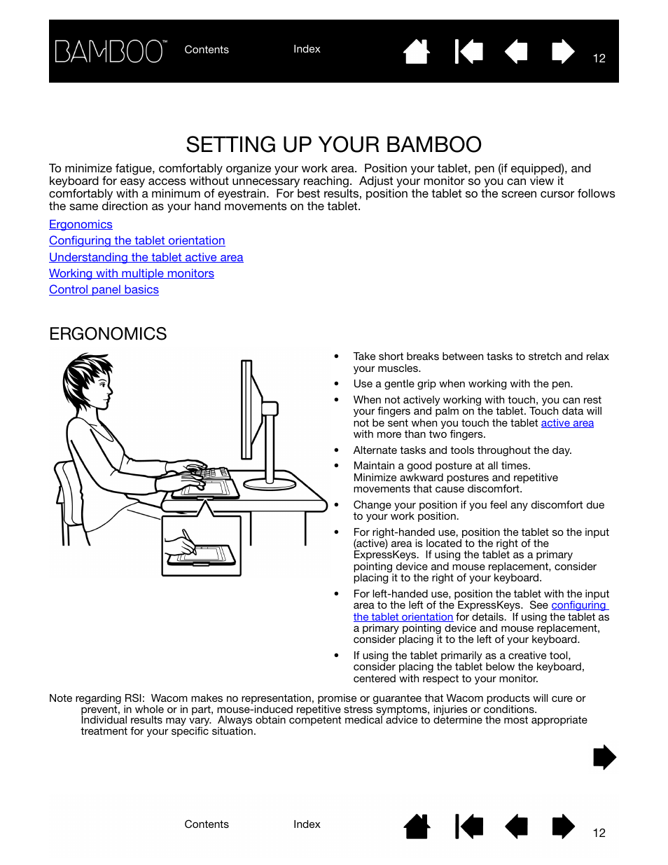 Setting up your bamboo, Ergonomics, Setting up | Wacom BAMBOO CTL-460 User Manual | Page 12 / 90