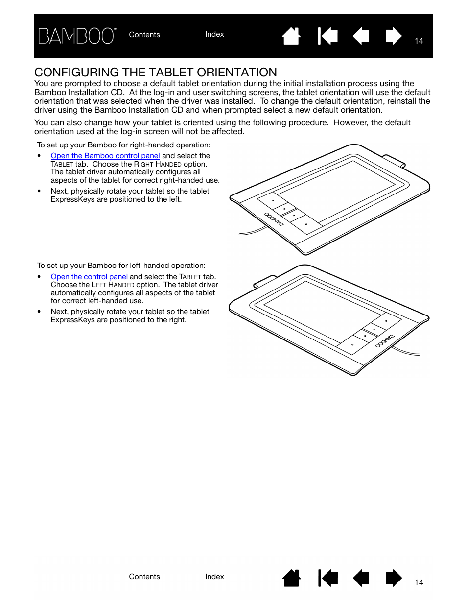 Configuring the tablet orientation, Configuring, The tablet orientation | Wacom BAMBOO CTL-460 User Manual | Page 14 / 90