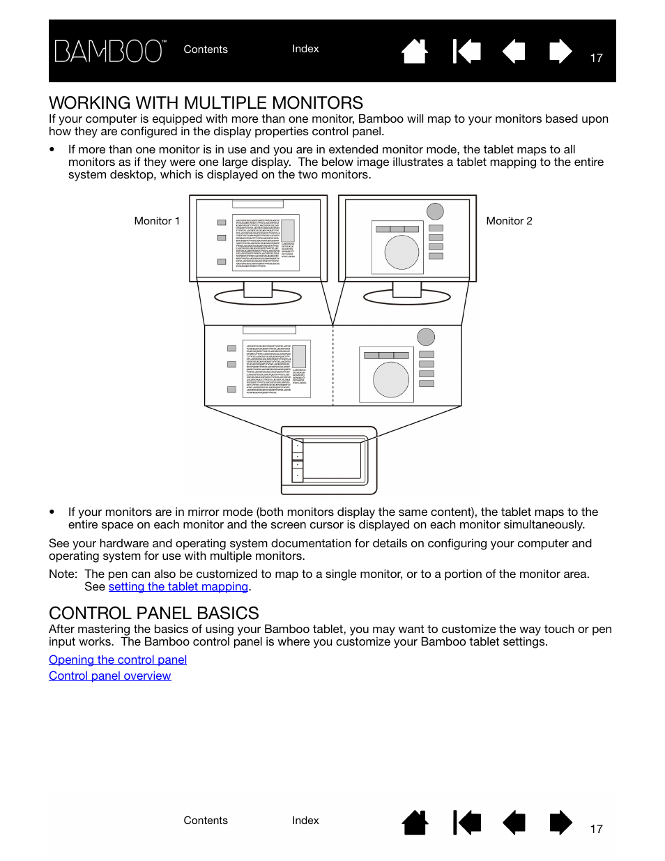 Working with multiple monitors, Control panel basics | Wacom BAMBOO CTL-460 User Manual | Page 17 / 90