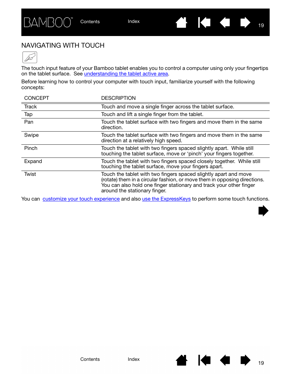 Navigating with touch, Clicking and | Wacom BAMBOO CTL-460 User Manual | Page 19 / 90