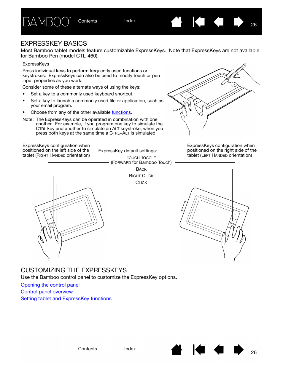 Expresskey basics, Customizing the expresskeys, Expresskeys | Customizable, Expresskey basics customizing the expresskeys, Use the expresskeys | Wacom BAMBOO CTL-460 User Manual | Page 26 / 90