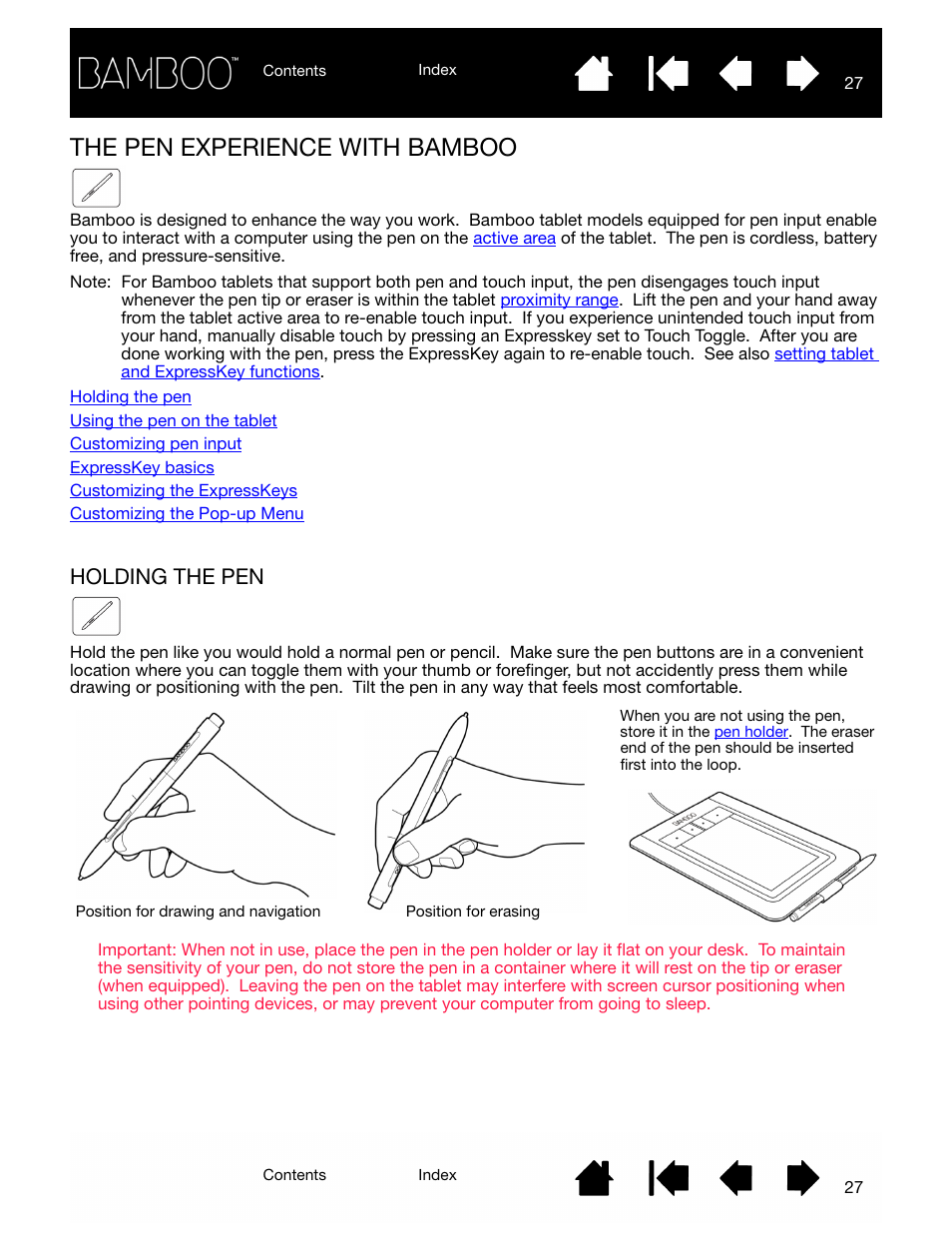 The pen experience with bamboo, Holding the pen, Use a pen | The pen, Experience with bamboo, Pen experience with bamboo | Wacom BAMBOO CTL-460 User Manual | Page 27 / 90