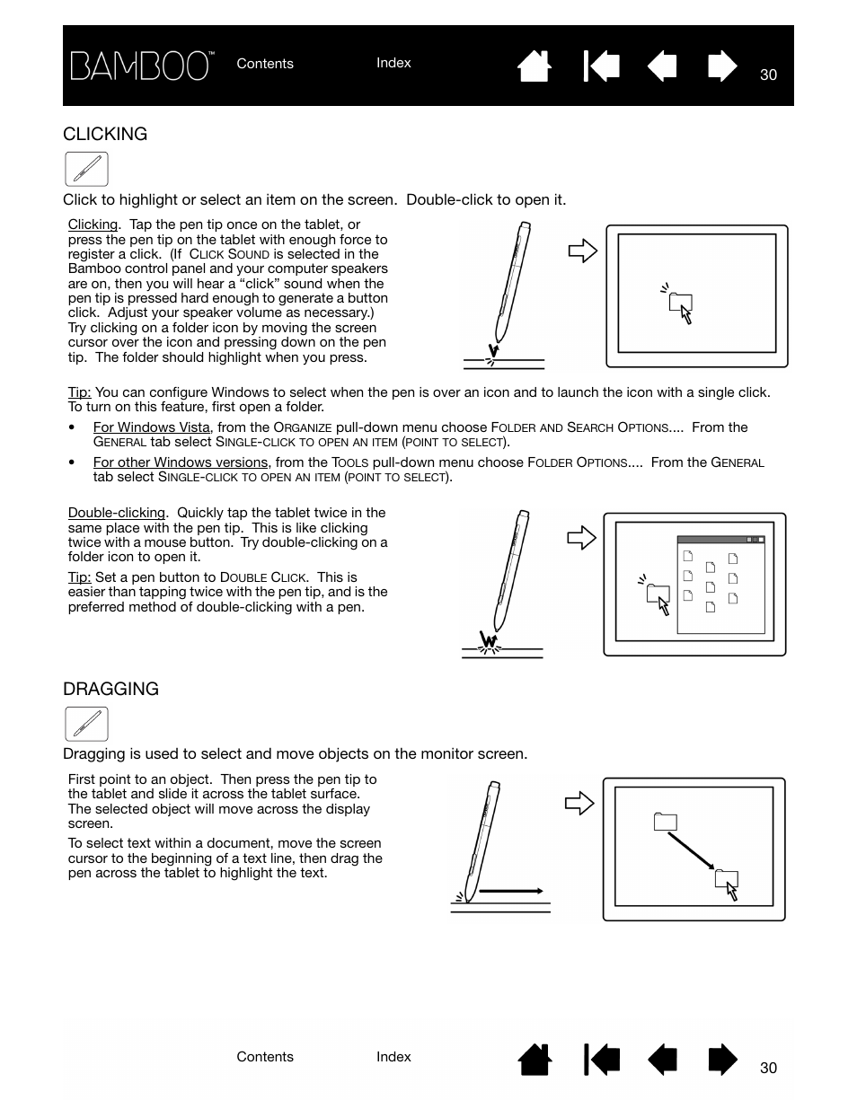 Clicking, Dragging, Clicking 30 dragging 30 | Clicking dragging | Wacom BAMBOO CTL-460 User Manual | Page 30 / 90